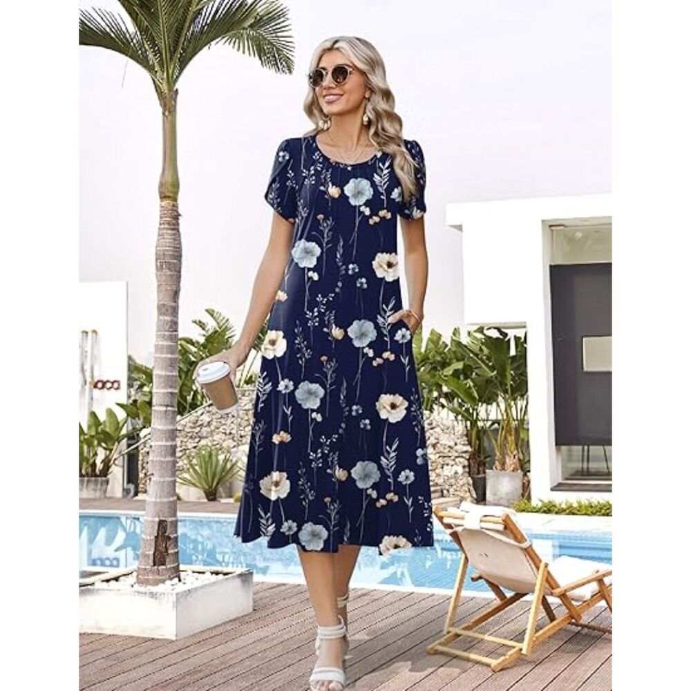 WomenNavy Floral Blend Crew-Neck A-Line Short Sleeve Flowy Dress Boho Sundress - Picture 6 of 6